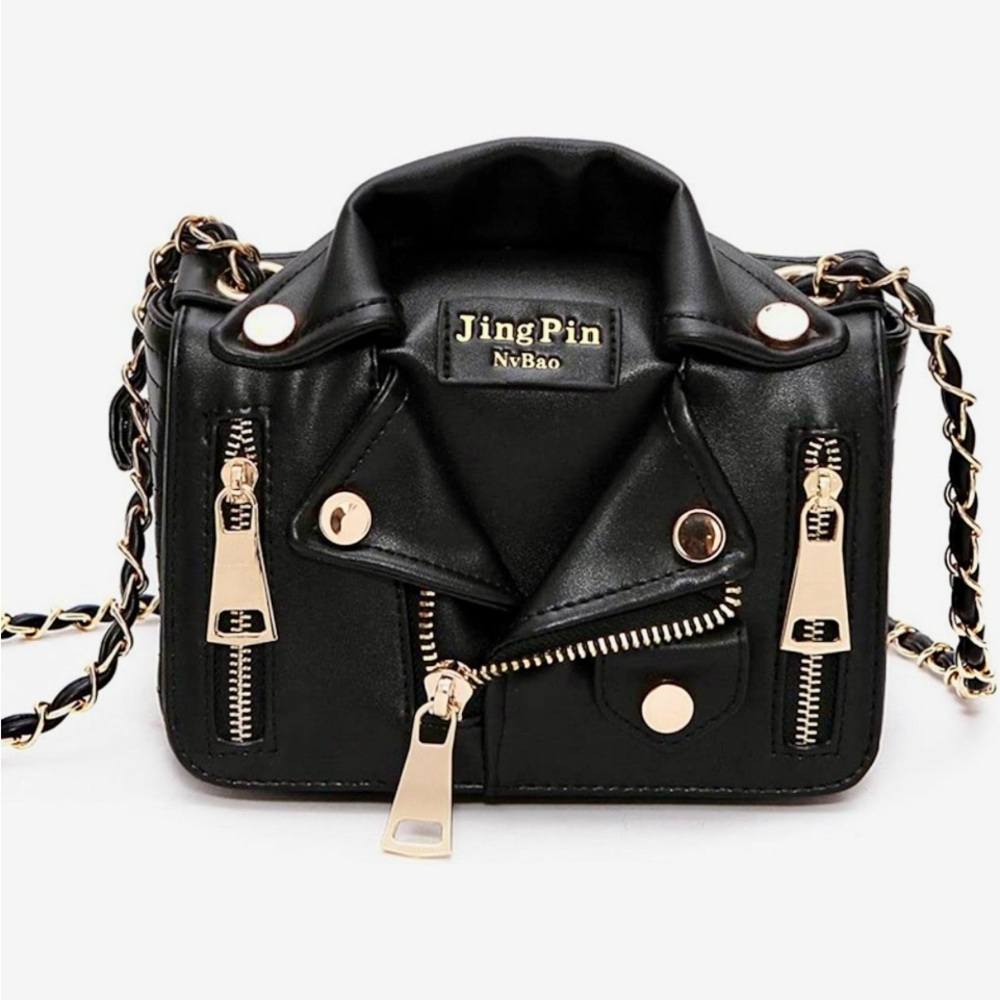 JNKET Leather Motorcycle Jacket Shoulder/Crossbody Riveted Handbag W/Chain NWOT
